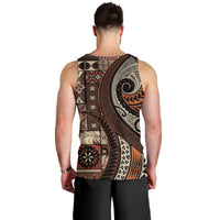 Vintage Samoa Siapo Mamanu Men Tank Top Brown Samoan Tapa Motif - Polynesian Pride