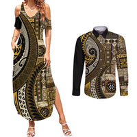 Vintage Samoa Siapo Mamanu Couples Matching Summer Maxi Dress and Long Sleeve Button Shirt Gold Samoan Tapa Motif - Polynesian Pride