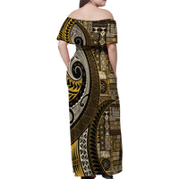 Vintage Samoa Siapo Mamanu Family Matching Off Shoulder Maxi Dress and Hawaiian Shirt Gold Samoan Tapa Motif - Polynesian Pride