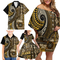 Vintage Samoa Siapo Mamanu Family Matching Off Shoulder Short Dress and Hawaiian Shirt Gold Samoan Tapa Motif - Polynesian Pride