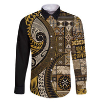 Vintage Samoa Siapo Mamanu Family Matching Puletasi and Hawaiian Shirt Gold Samoan Tapa Motif - Polynesian Pride