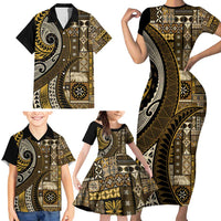 Vintage Samoa Siapo Mamanu Family Matching Short Sleeve Bodycon Dress and Hawaiian Shirt Gold Samoan Tapa Motif - Polynesian Pride