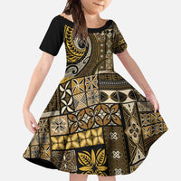 Vintage Samoa Siapo Mamanu Family Matching Tank Maxi Dress and Hawaiian Shirt Gold Samoan Tapa Motif - Polynesian Pride