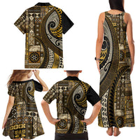 Vintage Samoa Siapo Mamanu Family Matching Tank Maxi Dress and Hawaiian Shirt Gold Samoan Tapa Motif - Polynesian Pride