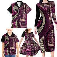 Vintage Samoa Siapo Mamanu Family Matching Long Sleeve Bodycon Dress and Hawaiian Shirt Pink Samoan Tapa Motif - Polynesian Pride