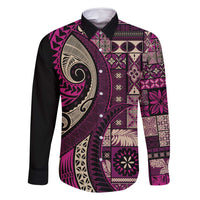 Vintage Samoa Siapo Mamanu Family Matching Long Sleeve Bodycon Dress and Hawaiian Shirt Pink Samoan Tapa Motif - Polynesian Pride