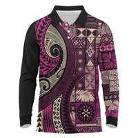 Vintage Samoa Siapo Mamanu Long Sleeve Polo Shirt Pink Samoan Tapa Motif - Polynesian Pride