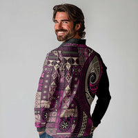 Vintage Samoa Siapo Mamanu Long Sleeve Polo Shirt Pink Samoan Tapa Motif - Polynesian Pride