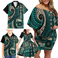 Vintage Samoa Siapo Mamanu Family Matching Off Shoulder Short Dress and Hawaiian Shirt Teal Samoan Tapa Motif - Polynesian Pride