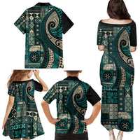 Vintage Samoa Siapo Mamanu Family Matching Puletasi and Hawaiian Shirt Teal Samoan Tapa Motif - Polynesian Pride