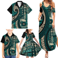 Vintage Samoa Siapo Mamanu Family Matching Summer Maxi Dress and Hawaiian Shirt Teal Samoan Tapa Motif - Polynesian Pride