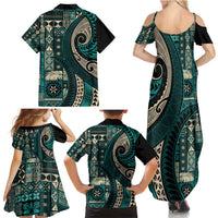 Vintage Samoa Siapo Mamanu Family Matching Summer Maxi Dress and Hawaiian Shirt Teal Samoan Tapa Motif - Polynesian Pride