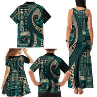 Vintage Samoa Siapo Mamanu Family Matching Tank Maxi Dress and Hawaiian Shirt Teal Samoan Tapa Motif - Polynesian Pride