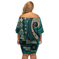 Vintage Samoa Siapo Mamanu Off Shoulder Short Dress Teal Samoan Tapa Motif - Polynesian Pride
