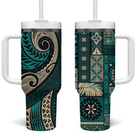 Vintage Samoa Siapo Mamanu Tumbler With Handle Teal Samoan Tapa Motif - Polynesian Pride
