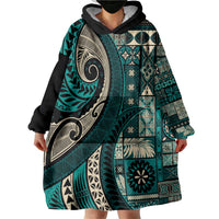 Vintage Samoa Siapo Mamanu Wearable Blanket Hoodie Teal Samoan Tapa Motif - Polynesian Pride