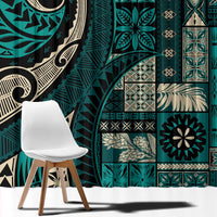 Vintage Samoa Siapo Mamanu Window Curtain Teal Samoan Tapa Motif - Polynesian Pride