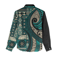 Vintage Samoa Siapo Mamanu Women Casual Shirt Teal Samoan Tapa Motif - Polynesian Pride