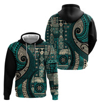 Vintage Samoa Siapo Mamanu Zip Hoodie Teal Samoan Tapa Motif - Polynesian Pride