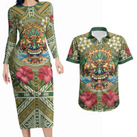 Hawaii Tiki Mask Personalized Couples Matching Long Sleeve Bodycon Dress and Hawaiian Shirt Mele Kalikimaka i Iulai! LT9 Green - Polynesian Pride