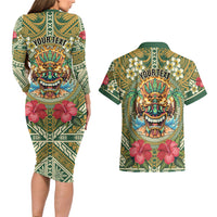 Hawaii Tiki Mask Personalized Couples Matching Long Sleeve Bodycon Dress and Hawaiian Shirt Mele Kalikimaka i Iulai! LT9 - Polynesian Pride