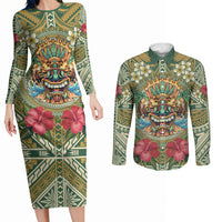 Hawaii Tiki Mask Personalized Couples Matching Long Sleeve Bodycon Dress and Long Sleeve Button Shirt Mele Kalikimaka i Iulai! LT9 Green - Polynesian Pride