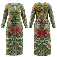 Hawaii Tiki Mask Personalized Couples Matching Long Sleeve Bodycon Dress and Long Sleeve Button Shirt Mele Kalikimaka i Iulai! LT9 - Polynesian Pride