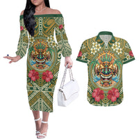 Hawaii Tiki Mask Personalized Couples Matching Off The Shoulder Long Sleeve Dress and Hawaiian Shirt Mele Kalikimaka i Iulai! LT9 Green - Polynesian Pride