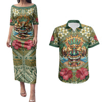 Hawaii Tiki Mask Personalized Couples Matching Puletasi and Hawaiian Shirt Mele Kalikimaka i Iulai! LT9 Green - Polynesian Pride
