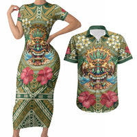 Hawaii Tiki Mask Personalized Couples Matching Short Sleeve Bodycon Dress and Hawaiian Shirt Mele Kalikimaka i Iulai! LT9 Green - Polynesian Pride