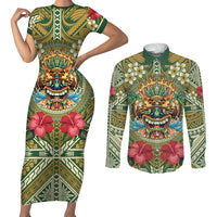 Hawaii Tiki Mask Personalized Couples Matching Short Sleeve Bodycon Dress and Long Sleeve Button Shirt Mele Kalikimaka i Iulai!