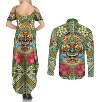 Hawaii Tiki Mask Personalized Couples Matching Summer Maxi Dress and Long Sleeve Button Shirt Mele Kalikimaka i Iulai!