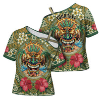 Hawaii Tiki Mask Personalized Cross Shoulder Shirt Mele Kalikimaka i Iulai! LT9 - Polynesian Pride