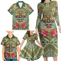 Hawaii Tiki Mask Personalized Family Matching Long Sleeve Bodycon Dress and Hawaiian Shirt Mele Kalikimaka i Iulai! LT9 - Polynesian Pride