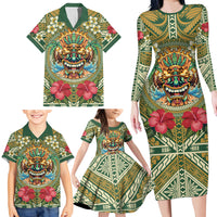 Hawaii Tiki Mask Personalized Family Matching Long Sleeve Bodycon Dress and Hawaiian Shirt Mele Kalikimaka i Iulai! LT9 - Polynesian Pride