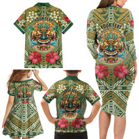 Hawaii Tiki Mask Personalized Family Matching Long Sleeve Bodycon Dress and Hawaiian Shirt Mele Kalikimaka i Iulai! LT9 Mom's Dress Green - Polynesian Pride