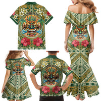 Hawaii Tiki Mask Personalized Family Matching Mermaid Dress and Hawaiian Shirt Mele Kalikimaka i Iulai! LT9 Mom's Dress Green - Polynesian Pride