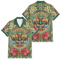 Hawaii Tiki Mask Personalized Family Matching Mermaid Dress and Hawaiian Shirt Mele Kalikimaka i Iulai! LT9 Dad's Shirt - Short Sleeve Green - Polynesian Pride