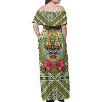 Hawaii Tiki Mask Personalized Family Matching Off Shoulder Maxi Dress and Hawaiian Shirt Mele Kalikimaka i Iulai! LT9 - Polynesian Pride
