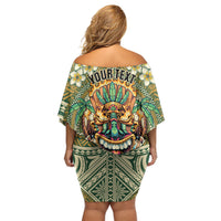 Hawaii Tiki Mask Personalized Family Matching Off Shoulder Short Dress and Hawaiian Shirt Mele Kalikimaka i Iulai! LT9 - Polynesian Pride