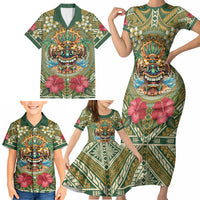 Hawaii Tiki Mask Personalized Family Matching Short Sleeve Bodycon Dress and Hawaiian Shirt Mele Kalikimaka i Iulai! LT9 - Polynesian Pride