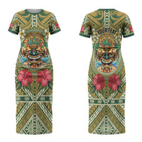 Hawaii Tiki Mask Personalized Family Matching Short Sleeve Bodycon Dress and Hawaiian Shirt Mele Kalikimaka i Iulai! LT9 Mom's Dress Green - Polynesian Pride