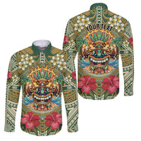 Hawaii Tiki Mask Personalized Family Matching Short Sleeve Bodycon Dress and Hawaiian Shirt Mele Kalikimaka i Iulai! LT9 Dad's Shirt - Long Sleeve Green - Polynesian Pride