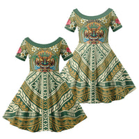 Hawaii Tiki Mask Personalized Family Matching Short Sleeve Bodycon Dress and Hawaiian Shirt Mele Kalikimaka i Iulai! LT9 Daughter's Dress Green - Polynesian Pride