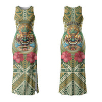 Hawaii Tiki Mask Personalized Family Matching Tank Maxi Dress and Hawaiian Shirt Mele Kalikimaka i Iulai! LT9 Mom's Dress Green - Polynesian Pride