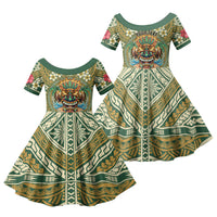 Hawaii Tiki Mask Personalized Family Matching Tank Maxi Dress and Hawaiian Shirt Mele Kalikimaka i Iulai! LT9 Daughter's Dress Green - Polynesian Pride