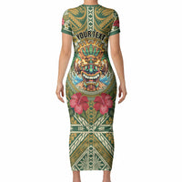 Hawaii Tiki Mask Personalized Short Sleeve Bodycon Dress Mele Kalikimaka i Iulai! LT9 - Polynesian Pride