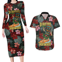 Hawaii Tiki Surfing Couples Matching Long Sleeve Bodycon Dress and Hawaiian Shirt Mele Kalikimaka i Iulai! LT9 Black - Polynesian Pride