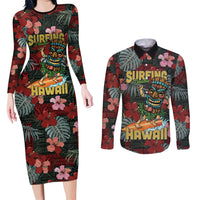 Hawaii Tiki Surfing Couples Matching Long Sleeve Bodycon Dress and Long Sleeve Button Shirt Mele Kalikimaka i Iulai! LT9 Black - Polynesian Pride