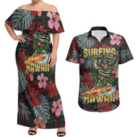 Hawaii Tiki Surfing Couples Matching Off Shoulder Maxi Dress and Hawaiian Shirt Mele Kalikimaka i Iulai! LT9 Black - Polynesian Pride